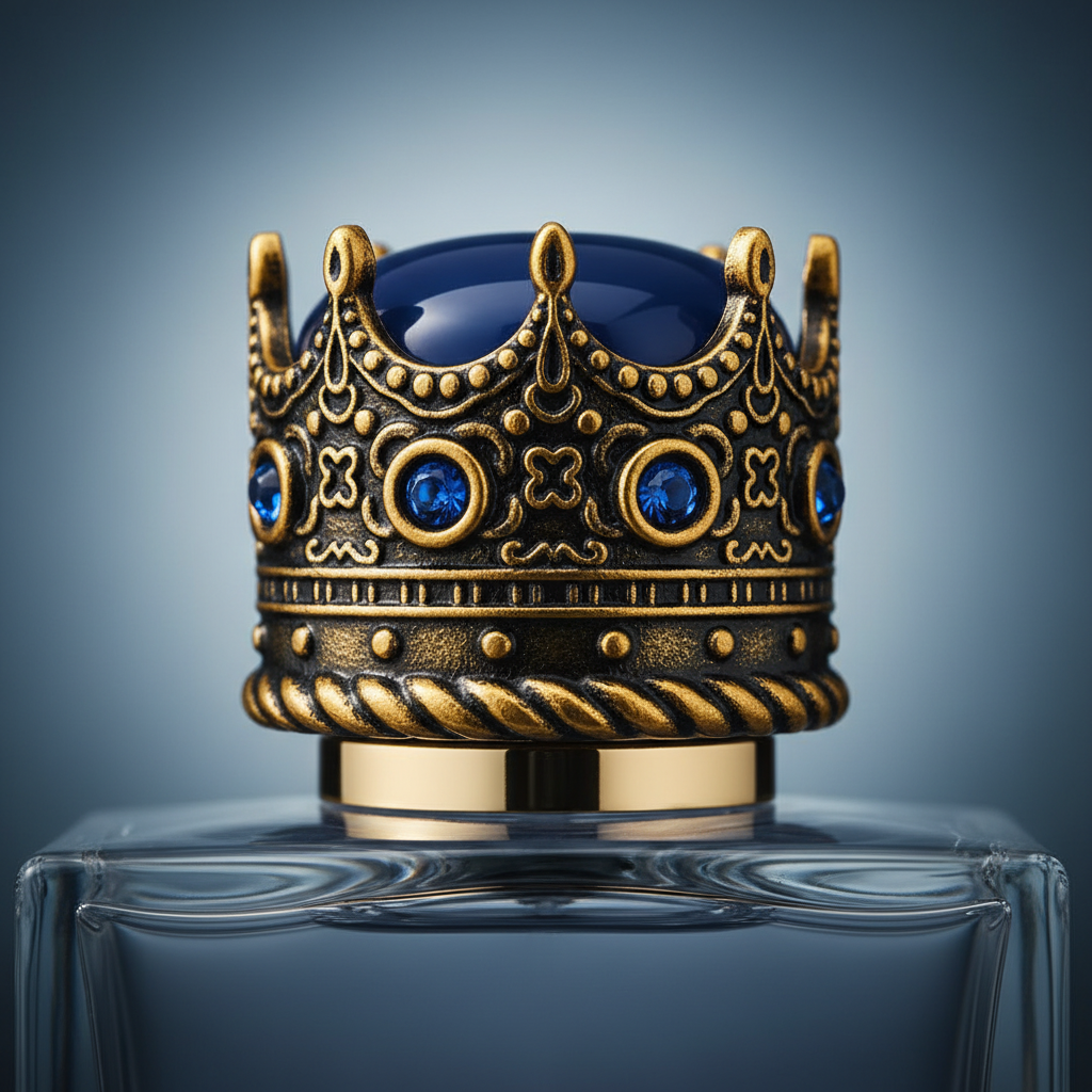 Close-up of K by Dolce & Gabbana EDT antique gold baroque crown with sapphire gemstones