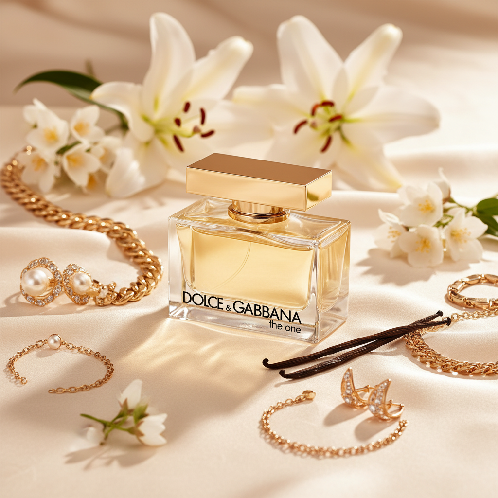 Dolce & Gabbana The One for Women with lily jasmine and vanilla on cream silk