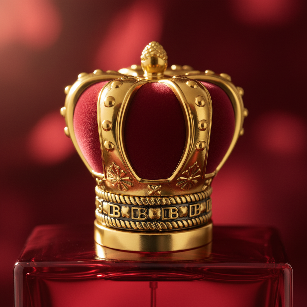 Close-up of Q by Dolce & Gabbana gold crown cap with red velvet dome