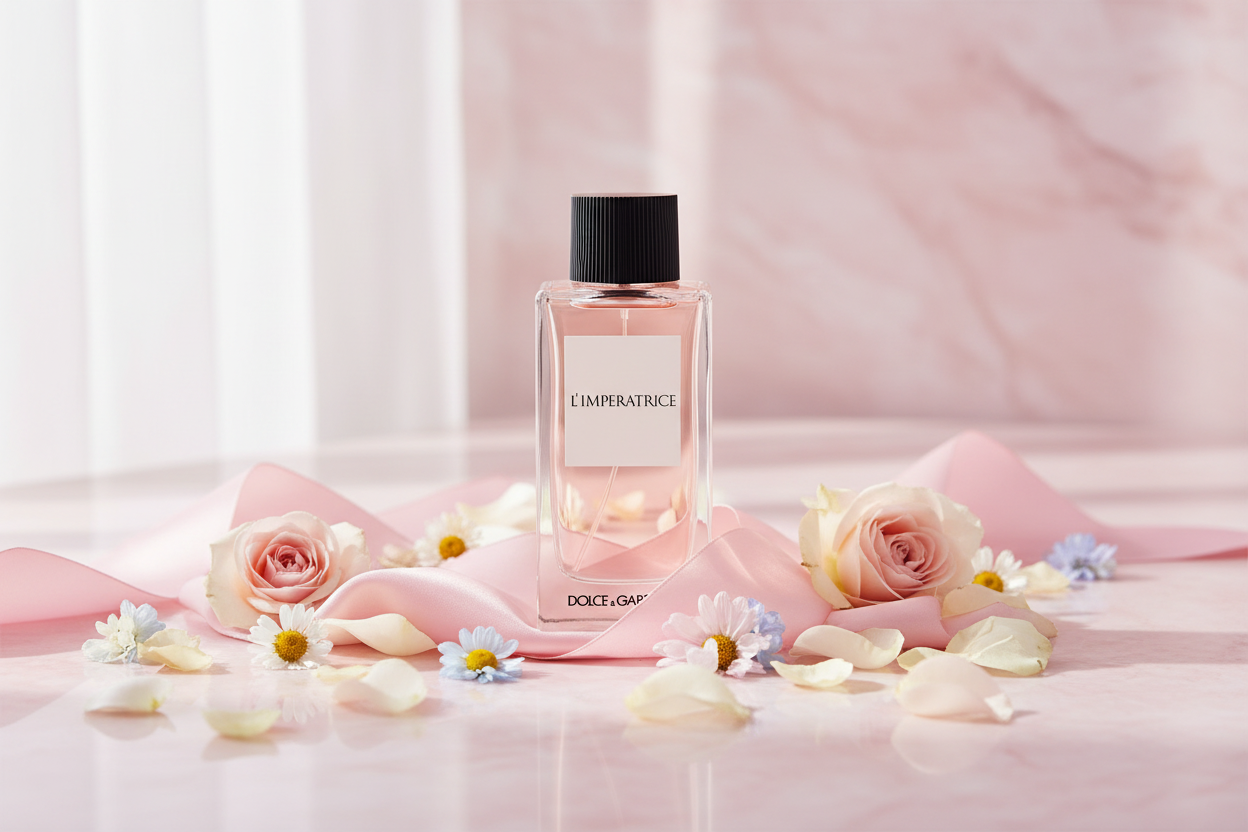 Dolce & Gabbana L'Impératrice on pink marble with silk ribbon and flowers