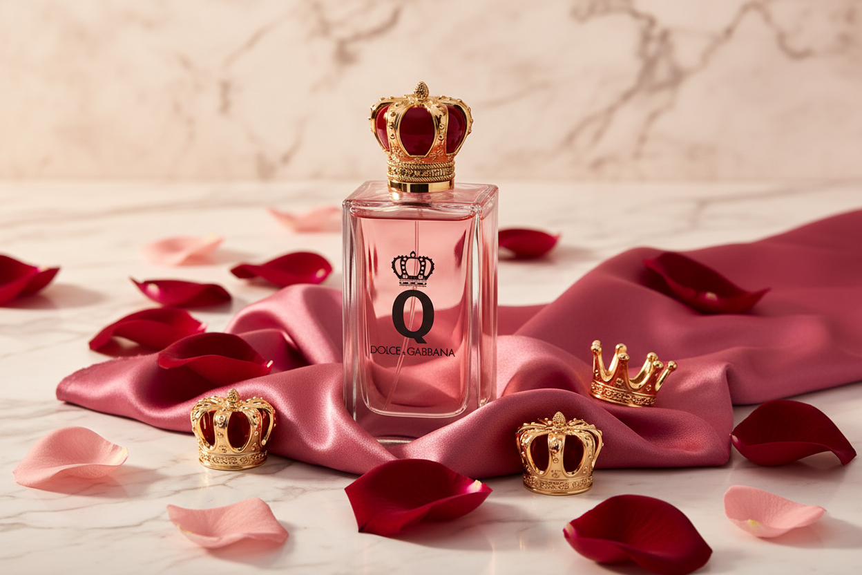 Q by Dolce & Gabbana Intense on white marble with pink silk