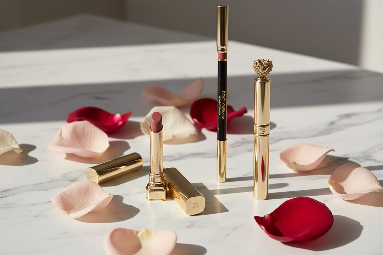 Lip Set on Marble with Rose Petals