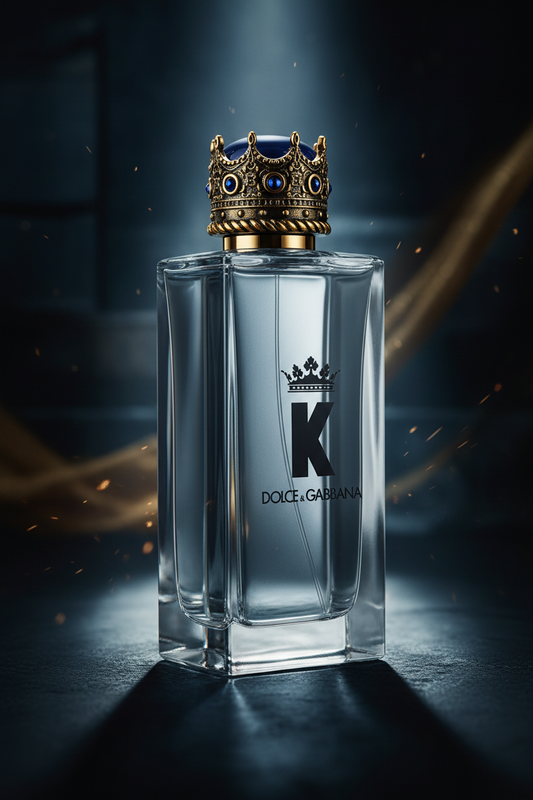 K by Dolce & Gabbana EDT dark blue and gold editorial