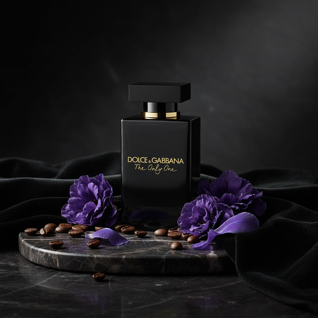 Dolce & Gabbana The Only One with violet flowers and coffee beans on dark marble