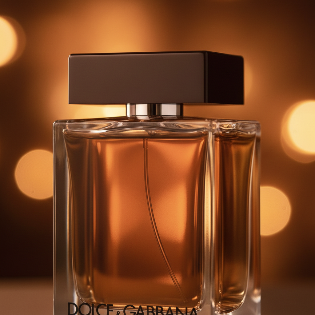 Close-up of Dolce & Gabbana The One for Men amber liquid and dark brown cap