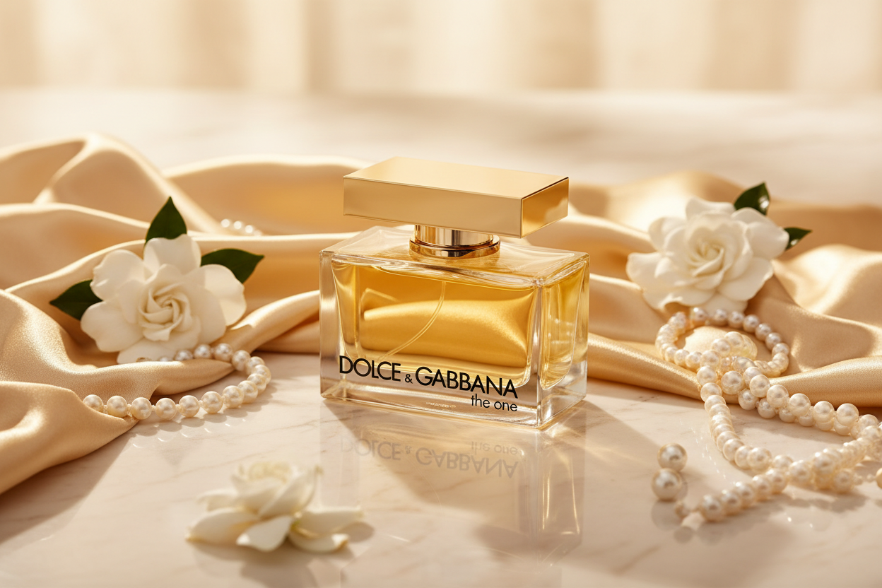 Dolce & Gabbana The One for Women on cream marble with gold silk and pearl jewelry