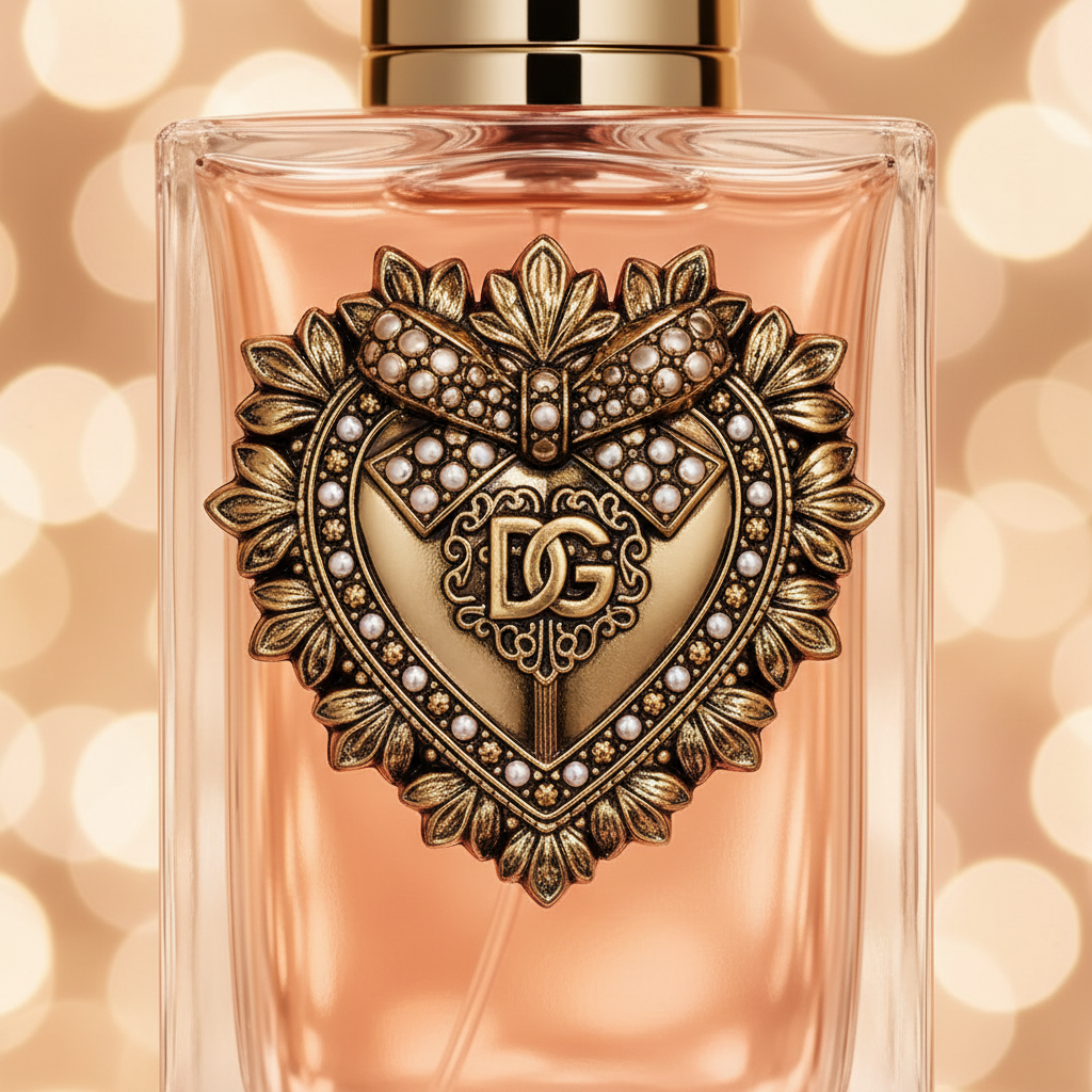 Close-up of Dolce & Gabbana Devotion Intense antique gold baroque sacred heart emblem